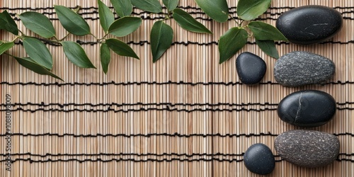 Acupuncture needles, spa stones, and green leaves arranged on a bamboo mat, viewed from above. Room for text.