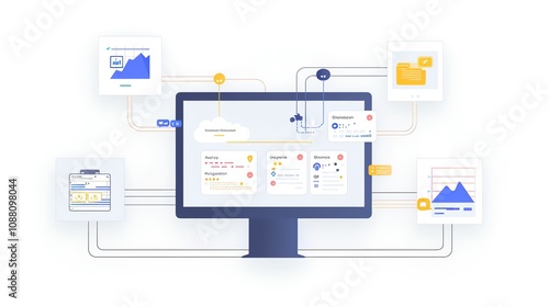 Integrated data visualization dashboard on computer screen showing connected data streams and cloud storage.