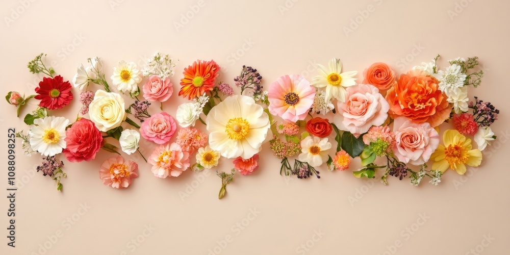 Creative composition of flowers. Beautiful blooms set against a beige background. Flat lay, top view, copy space. Creative composition of flowers. Beautiful blooms set against a beige background. Flat lay, top view, copy space.