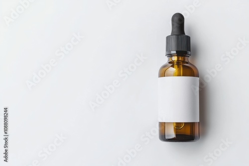 Minimalist composition of an empty brown glass bottle with a blank label on a white background in a well-lit studio setting