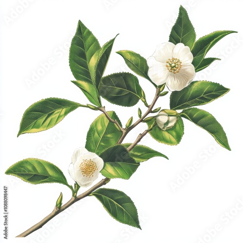 Vintage Camellia Sinensis Branch Botanical Illustration Tea Plant White Flowers Green Leaves