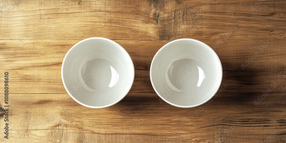 Kitchenware and dishware idea. A top view of two new white ceramic bowls placed on a wooden table with a background featuring copy space. Kitchenware and dishware idea. A top view of two new white ceramic bowls placed on a wooden table with a background featuring copy space.