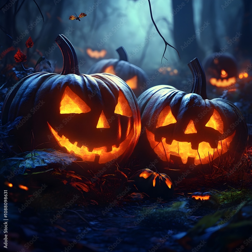 Naklejka premium Halloween pumpkins in the forest at night.Halloween background with Evil Pumpkin. Spooky scary dark Night forrest. Holiday event halloween banner background concept