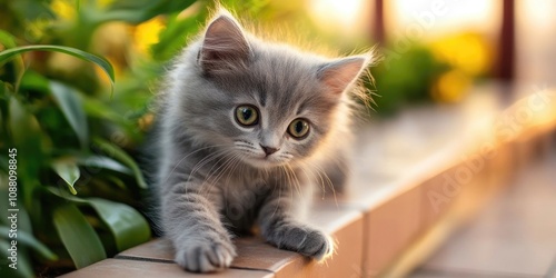 Adorable gray Persian kitten playing on the terrace photo