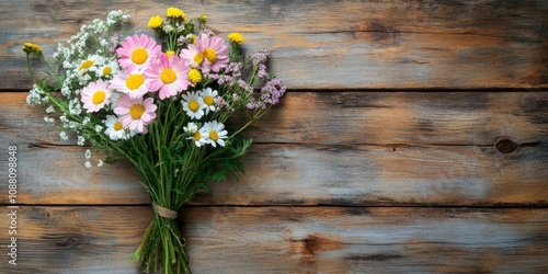 Rustic wooden table featuring a bouquet of flowers as a mock-up or postcard. Studio photo.