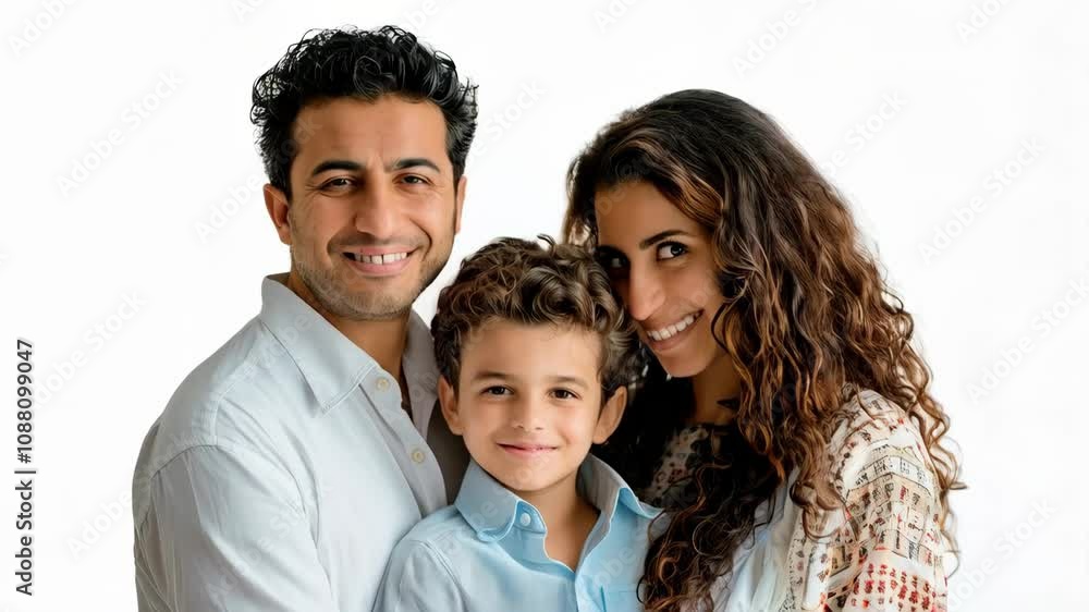 Portrait of Moroccan family of three posing against white background Portrait of Moroccan family of three posing against white background