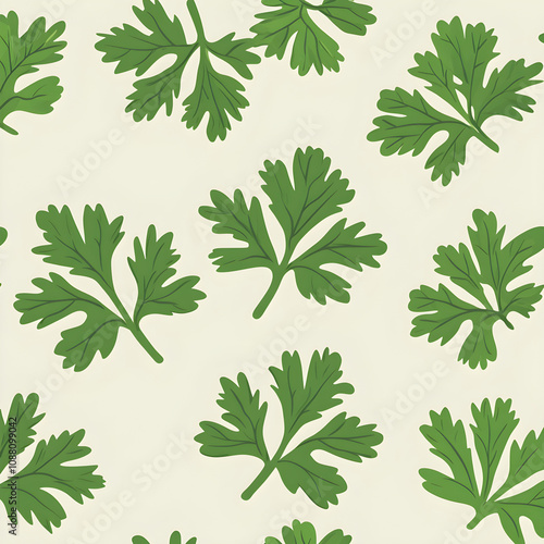 Flat design parsley leaves with detailed frilled edges, scattered in a random pattern