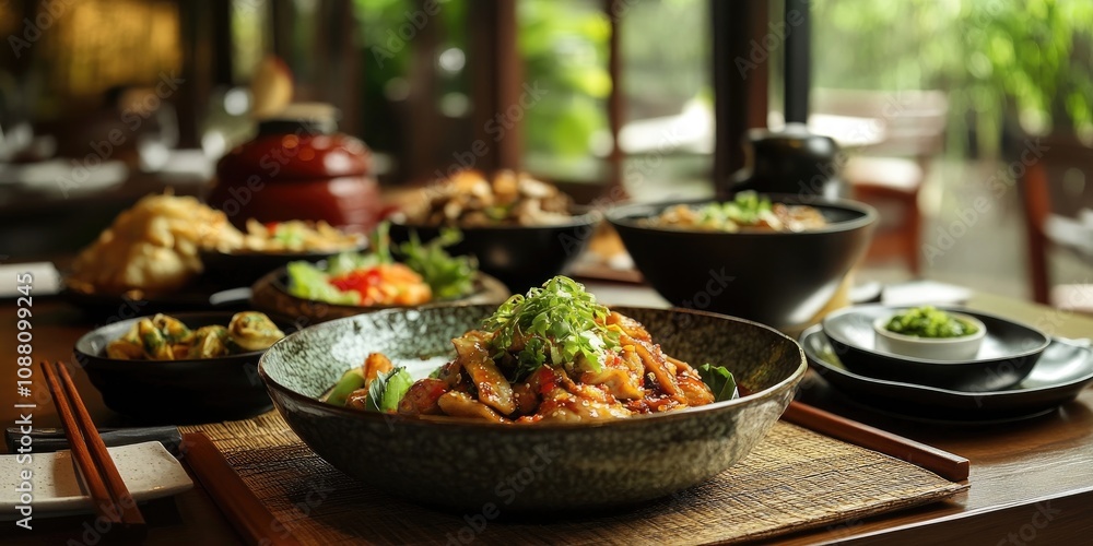 Asian cuisine served in a restaurant. Asian cuisine served in a restaurant.