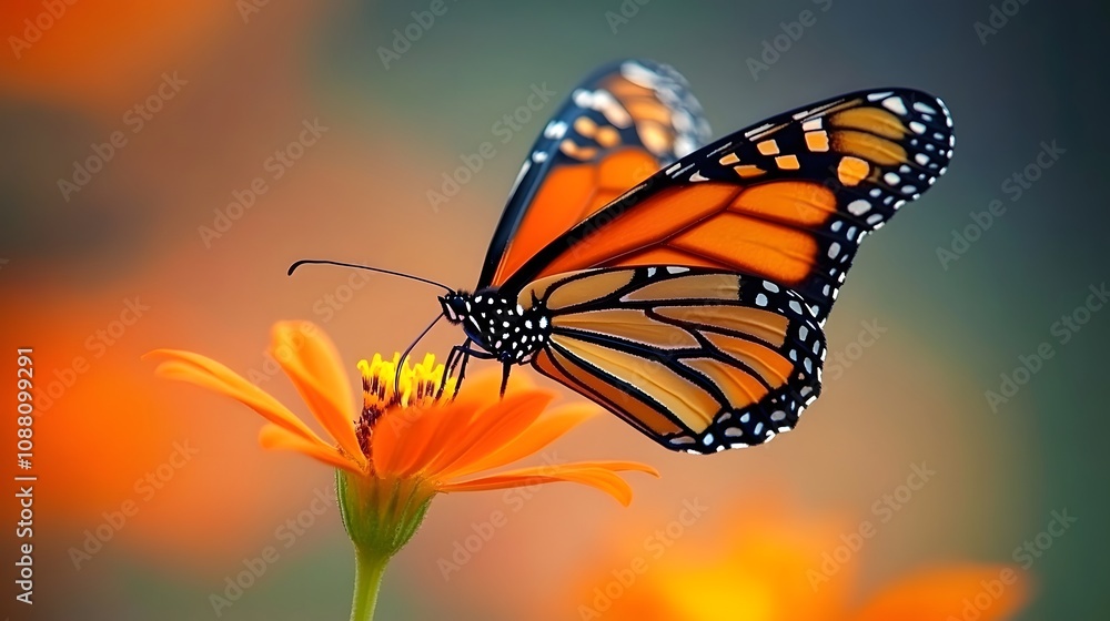 Fototapeta premium A monarch butterfly landing on a vibrant orange wildflower, with a soft-focus background.