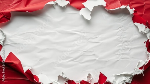 Torn wrapping paper on a surface creates a festive background with empty space for holiday greetings or messages