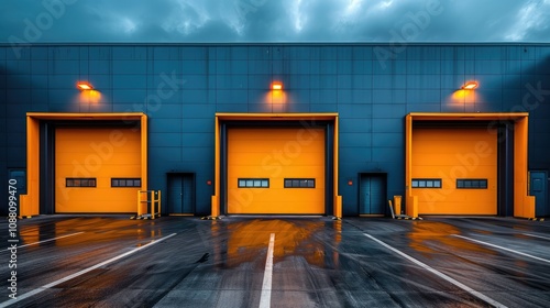 Three large orange loading docks on a dark blue building under a stormy sky.