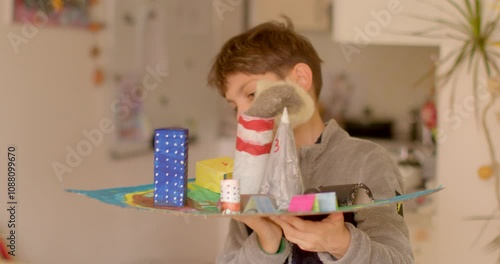 A young boy excitedly presents his imaginative and creative model of a vibrant miniature city that has been joyfully crafted from various recycled materials, showcasing his skills and creativity
