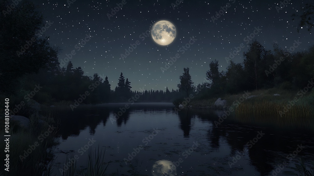 Serene moonlit lake scene at night with starry sky and tranquil forest reflection. Serene moonlit lake scene at night with starry sky and tranquil forest reflection.