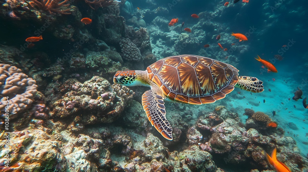 Obraz premium A sea turtle gliding gracefully through a vibrant coral reef, surrounded by colorful fish.