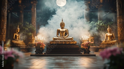  a sacred meditation space inside a temple adorned with golden Buddha statues, incense smoke rising gently in the moonlit air, celebrating Unduvap Full Moon Poya, 