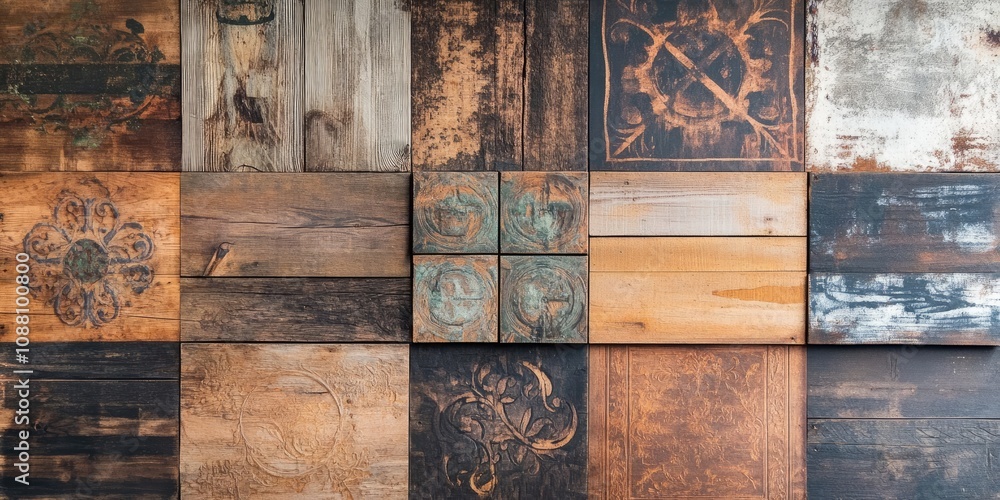 Fotografie Aged wooden planks featuring designs