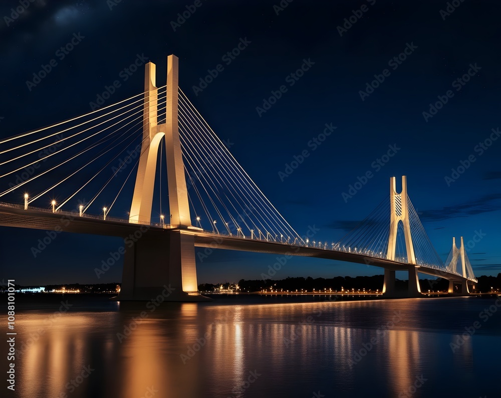Obraz premium Illuminated CableStayed Bridge Night Photography Scenic River. Generative AI