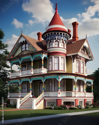 Victorian House Exterior Design Colorful, Ornate, and Grand. Generative AI photo