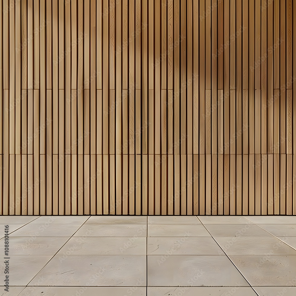 A wooden wall with vertical slats and a tiled floor, creating a modern, minimalist aesthetic. A wooden wall with vertical slats and a tiled floor, creating a modern, minimalist aesthetic.