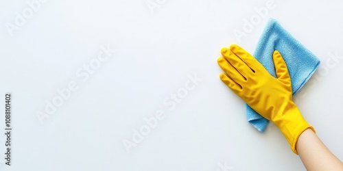 Spring cleaning idea. An employee wearing a yellow rubber glove is wiping a white wall to remove dust with a blue dry cloth. Cleaning supplies concept. photo