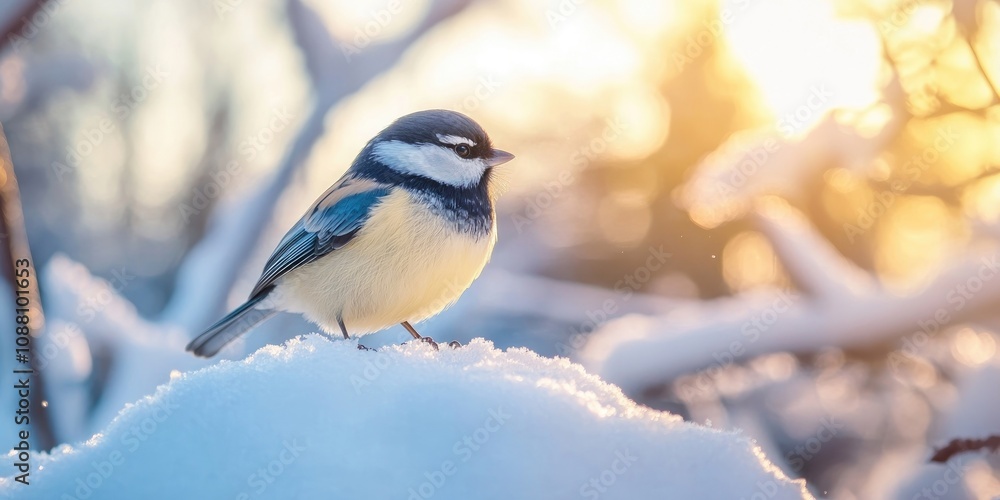Obraz premium Photography of a tit bird on a sunny winter day. The bird is perched on a snowdrift. Theme focuses on animals.