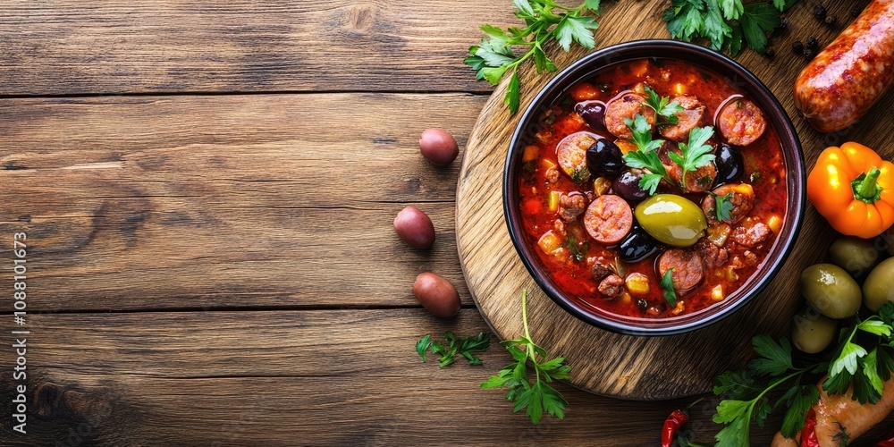 Meat solyanka soup with sausages, olives, and vegetables presented on a wooden table, top view. Copyspace available. Meat solyanka soup with sausages, olives, and vegetables presented on a wooden table, top view. Copyspace available.