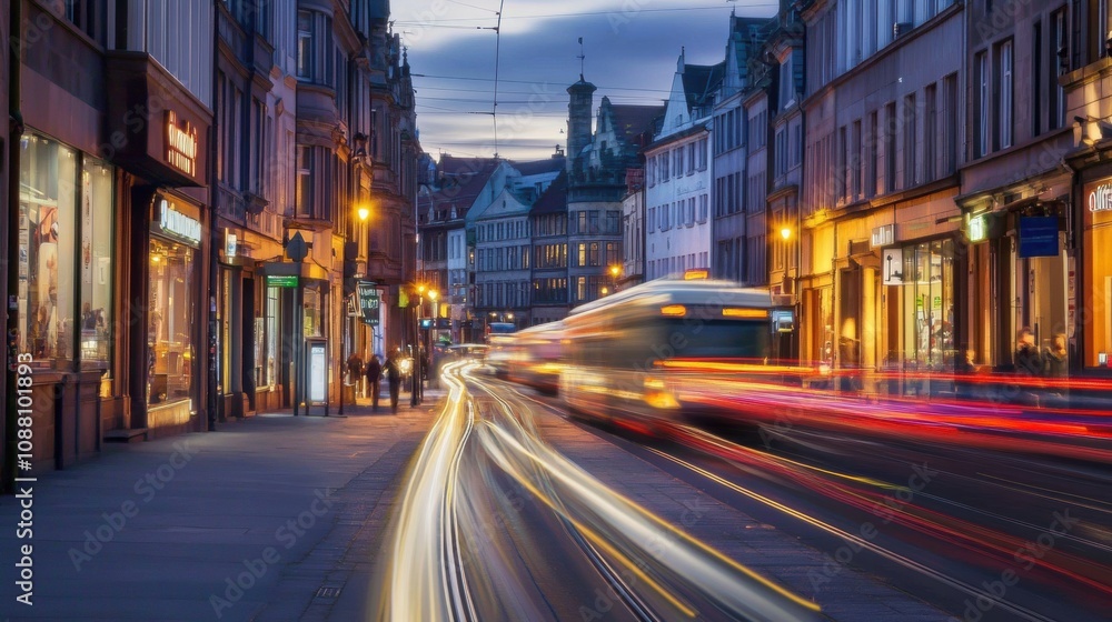 In the evening, a lively city street is filled with blurred car lights and pedestrians enjoying the scene under dim streetlights. Generative AI In the evening, a lively city street is filled with blurred car lights and pedestrians enjoying the scene under dim streetlights. Generative AI