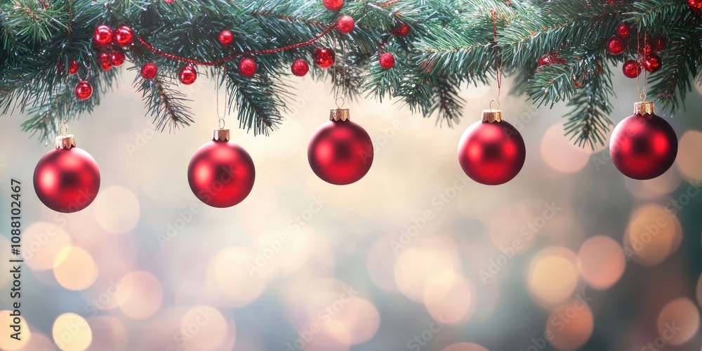 Christmas decorations featuring red balls hanging on pine branches along with a garland and ornaments against an abstract bokeh background with copyspace. Christmas decorations featuring red balls hanging on pine branches along with a garland and ornaments against an abstract bokeh background with copyspace.