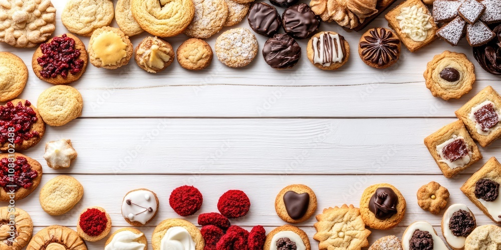 A variety of biscuits, sweets, and cookies arranged in a frame. A top view of a table scene on a white wood background with copyspace. A holiday baking theme. Close-up background of assorted cookies. A variety of biscuits, sweets, and cookies arranged in a frame. A top view of a table scene on a white wood background with copyspace. A holiday baking theme. Close-up background of assorted cookies.