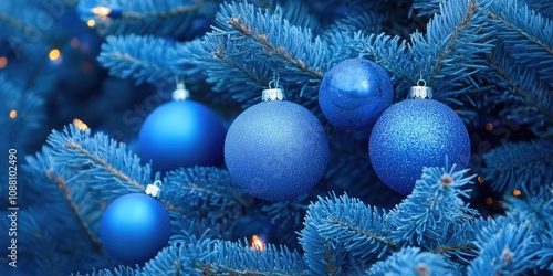 Blue Christmas baubles on the holiday tree.