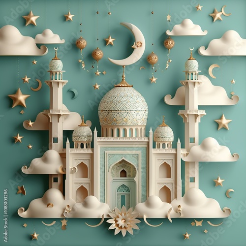 High-Quality 3D Render of Mosque Ideal for Islamic Cultural Themes photo