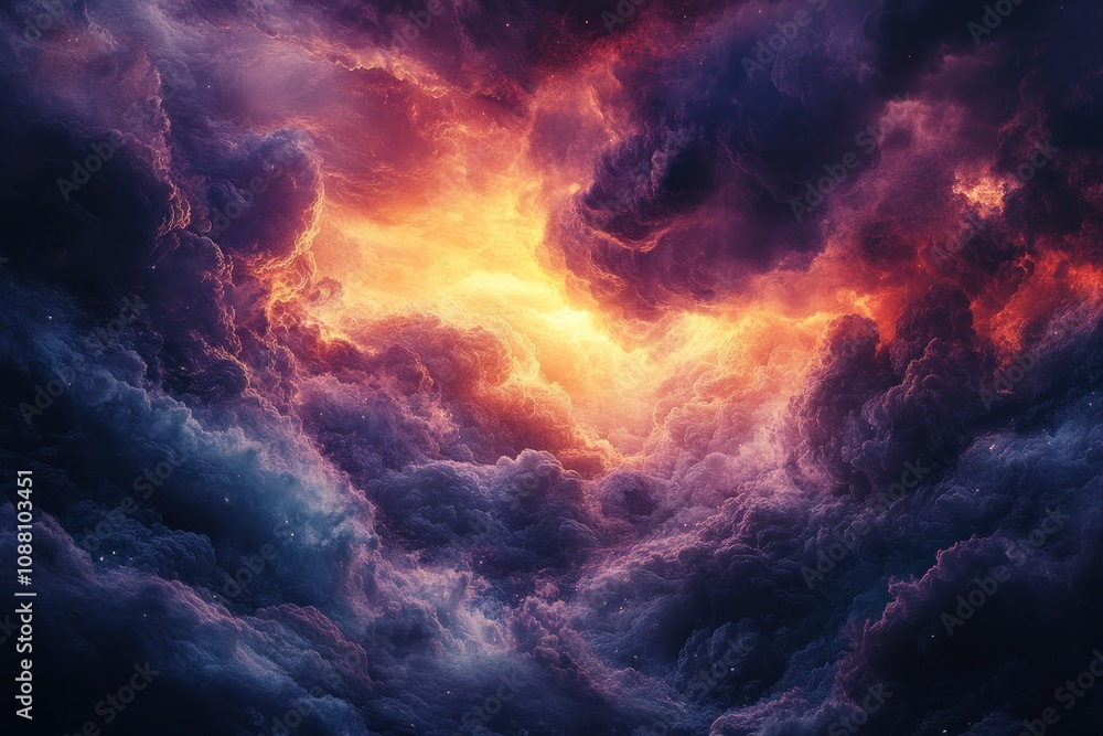 Dramatic, abstract cloudscape with fiery light breaking through the dark clouds, creating a sense of hope and possibility. Dramatic, abstract cloudscape with fiery light breaking through the dark clouds, creating a sense of hope and possibility.
