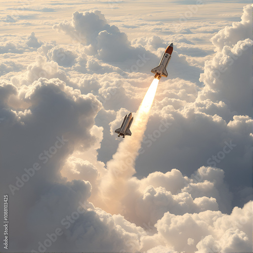 space shuttle or military missile arrack launch breakthrough the clouds in the sky for space exploration astronomy or ballistic rockets and air defense systems concepts photo