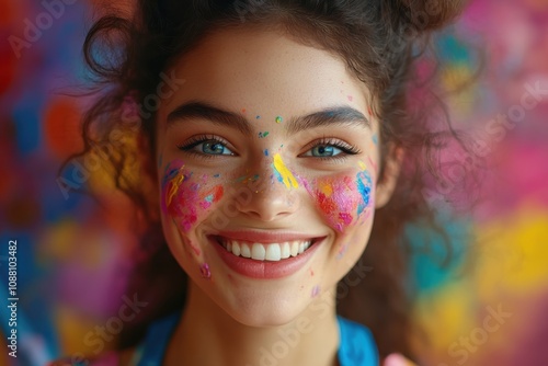 A young artist with paintsplattered overalls photo