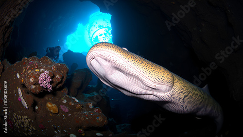 Giant moray in a cave in Hiva Oa, French polynesia, Marquesas photo