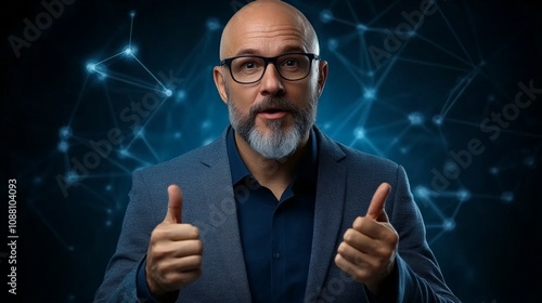 Confident Tech Leader: Mature businessman gives thumbs up, standing against a futuristic digital network background.  A portrait conveying expertise and success in the tech industry.  photo