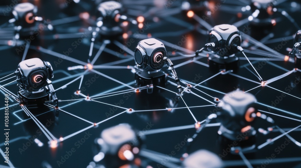 A detailed view of a robotic swarm coordination algorithm illustrating decentralized decision-making and task allocation, Swarm robotics technology style, photo of A detailed view of a robotic swarm coordination algorithm illustrating decentralized decision-making and task allocation, Swarm robotics technology style, photo of