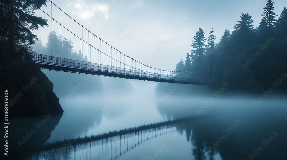 Fototapeta premium Misty suspension bridge spanning a serene lake, reflected in calm water.
