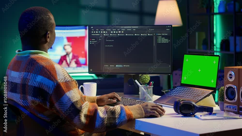 Black web developer handling database servers for safety with green screen, writing code on terminal window next to isolated chroma key. Programming language for machine learning. Camera A. Black web developer handling database servers for safety with green screen, writing code on terminal window next to isolated chroma key. Programming language for machine learning. Camera A.