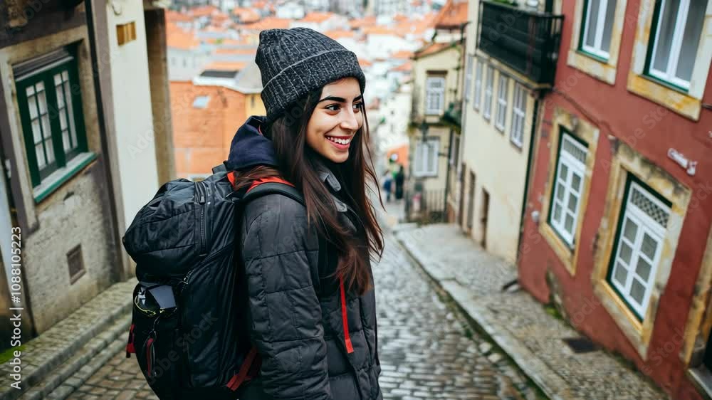 A young woman with long brown hair smiles while walking down a narrow, stone street in an old European city A young woman with long brown hair smiles while walking down a narrow, stone street in an old European city