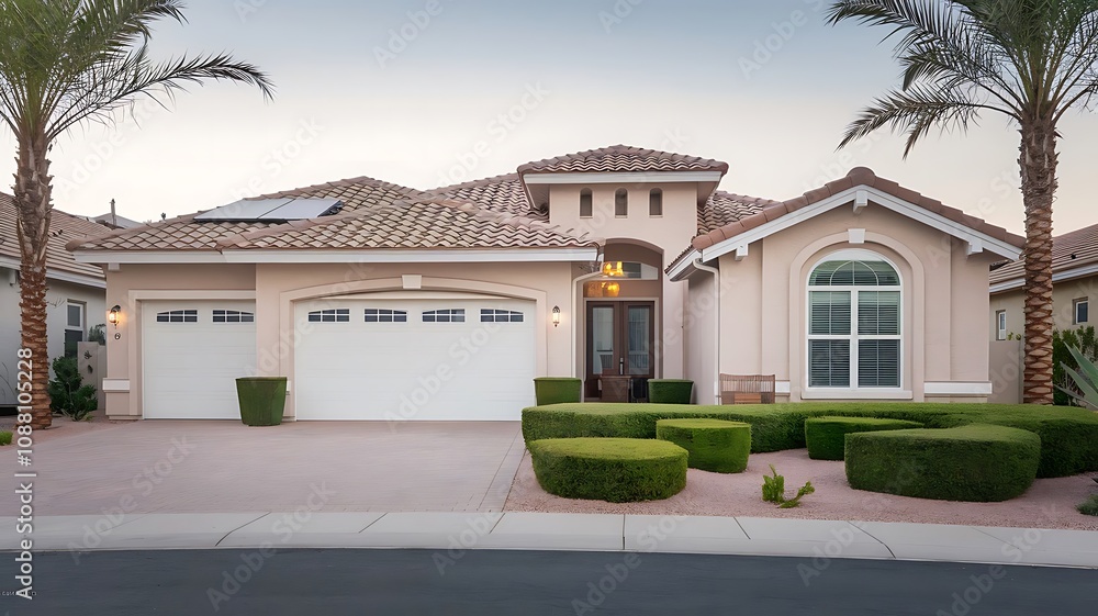 Fototapeta premium Modern Single-Story Suburban Home with Beige and Brown Exterior, Solar Panels, Two-Car Garage, and Desert-Style Landscaping in Las Vegas Nevada Under Clear Blue Sky