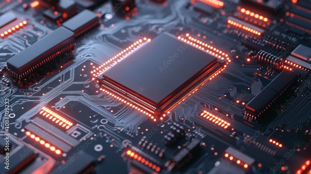 Close-Up View of a Modern Circuit Board with Glowing Components and Intricate Details, Perfect for Technology and Electronics Themes Close-Up View of a Modern Circuit Board with Glowing Components and Intricate Details, Perfect for Technology and Electronics Themes