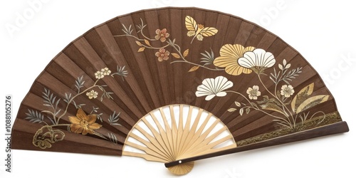 Rustic Brown Embroidery A warm brown silk fan adorned with a rustic gold s design surrounded by earthtoned flowers and foliage conveying a connection to nature. photo