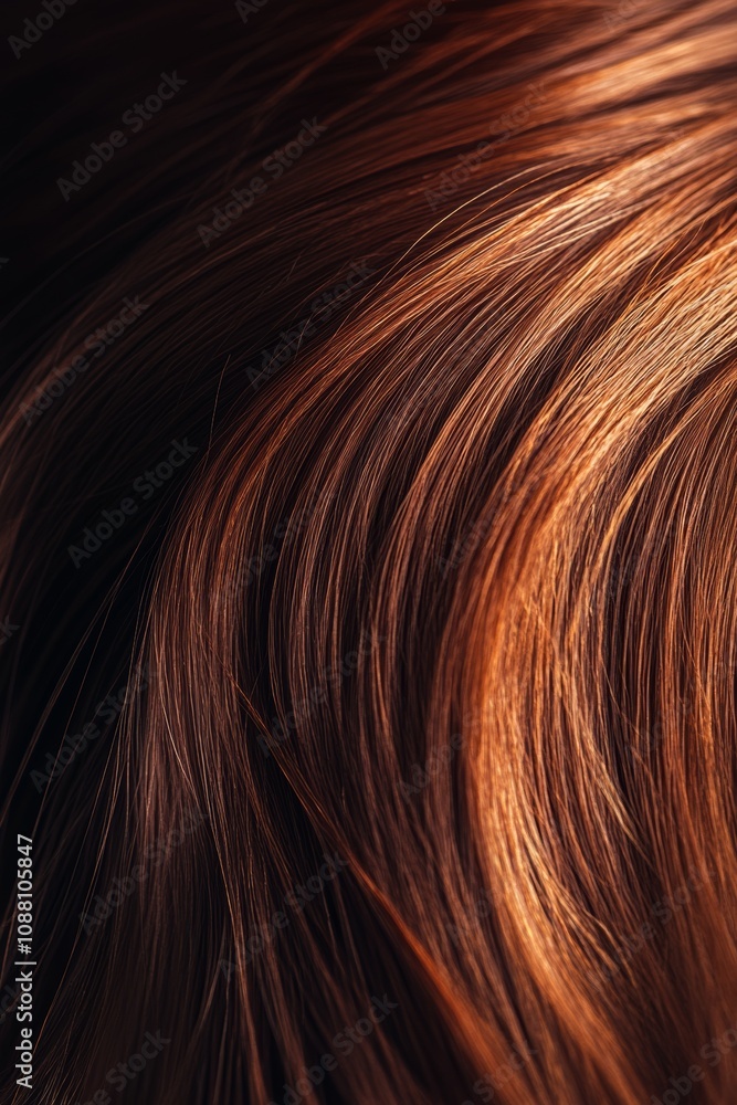 Naklejka premium Close-up of shiny auburn hair strands illuminated by soft lighting, showcasing rich texture and color for hair care marketing