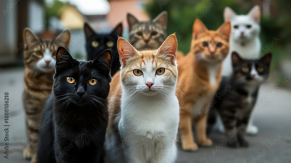 A group of eight cats of various breeds and colors sit on a paved road, looking toward the camera. A group of eight cats of various breeds and colors sit on a paved road, looking toward the camera.