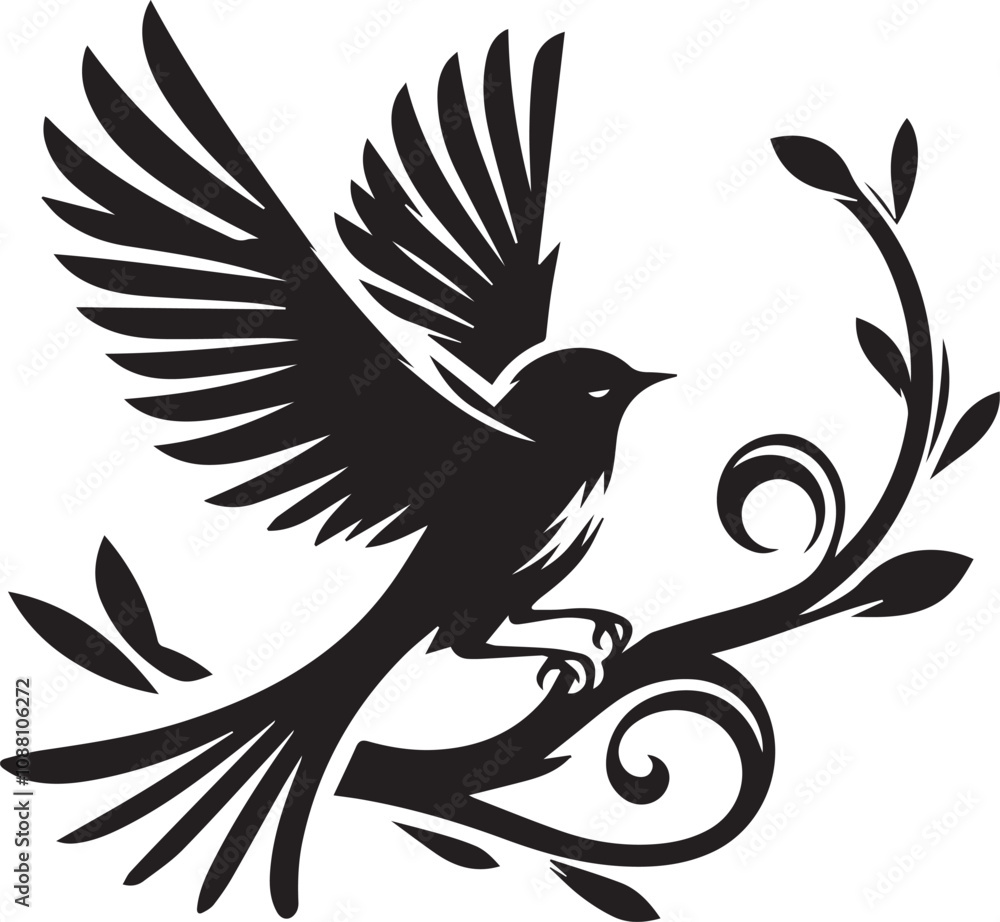 Naklejka premium A bird mid flight with wings wide open perched above a curvy branch