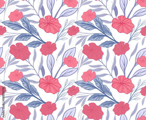 Seamless pattern with pink flowers. Repeating design element for printing on fabric. Minimalistic creativity and art. Wallpaper and texture. Bloom and blossom plants. Flat vector illustration