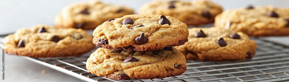 Freshly baked chocolate chip cookies cooling on a wire rack, showcasing a golden-brown color with chocolate chips nestled on top. Freshly baked chocolate chip cookies cooling on a wire rack, showcasing a golden-brown color with chocolate chips nestled on top.