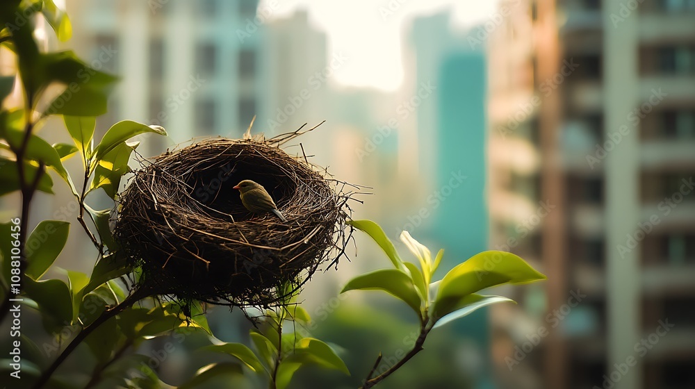 Small bird in nest on tree branch, city background. Small bird in nest on tree branch, city background.