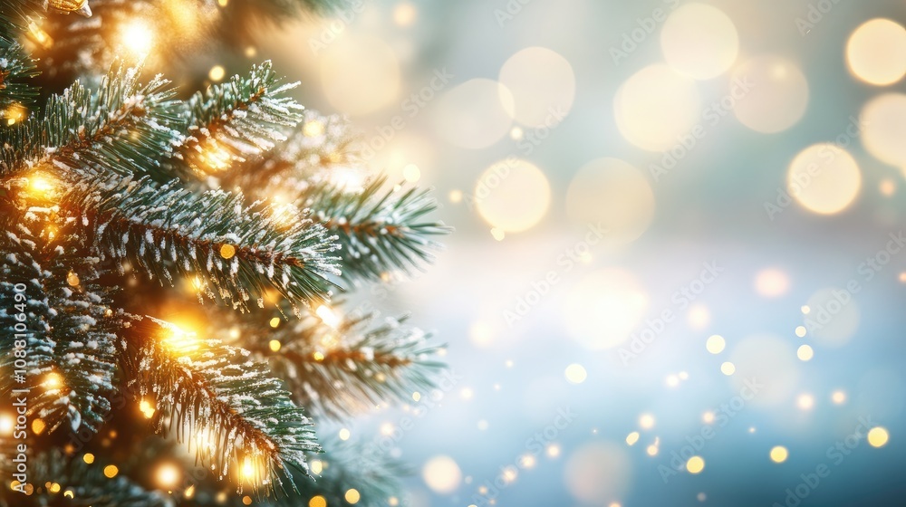 Cozy and Festive Close-Up of Frosted Christmas Tree Branches Adorned with Glittering Lights and Soft Bokeh Background for Holiday Celebrations and Seasonal Decor Cozy and Festive Close-Up of Frosted Christmas Tree Branches Adorned with Glittering Lights and Soft Bokeh Background for Holiday Celebrations and Seasonal Decor